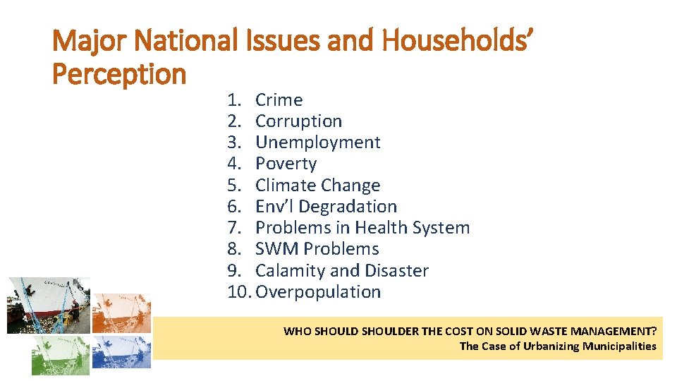 Major National Issues and Households’ Perception 1. Crime 2. Corruption 3. Unemployment 4. Poverty