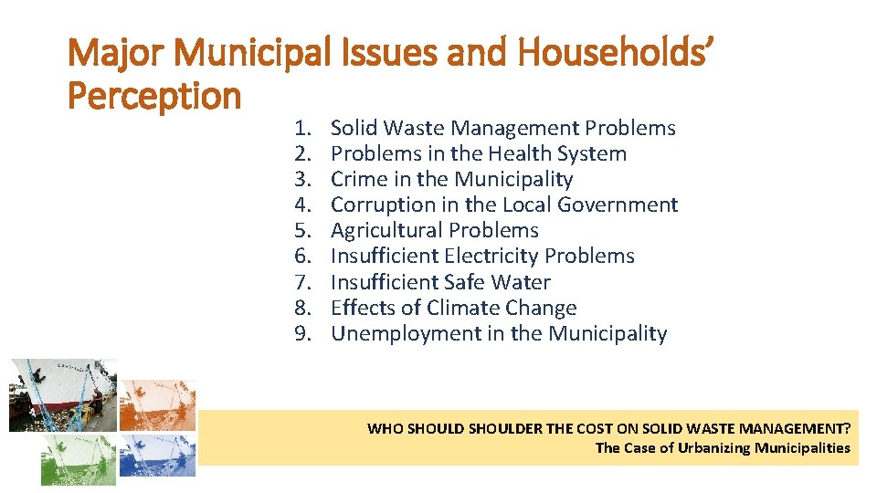 Major Municipal Issues and Households’ Perception 1. 2. 3. 4. 5. 6. 7. 8.