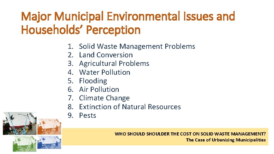 Major Municipal Environmental Issues and Households’ Perception 1. 2. 3. 4. 5. 6. 7.