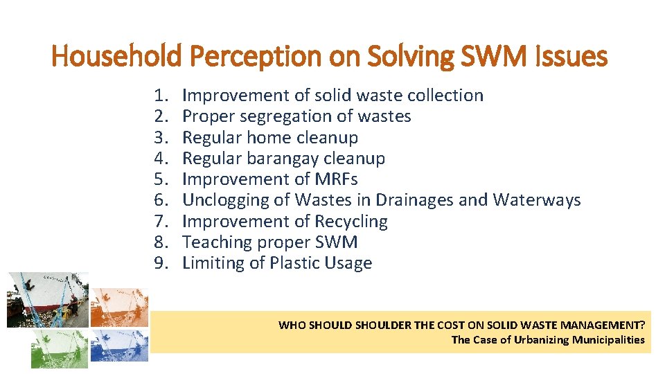 Household Perception on Solving SWM Issues 1. 2. 3. 4. 5. 6. 7. 8.