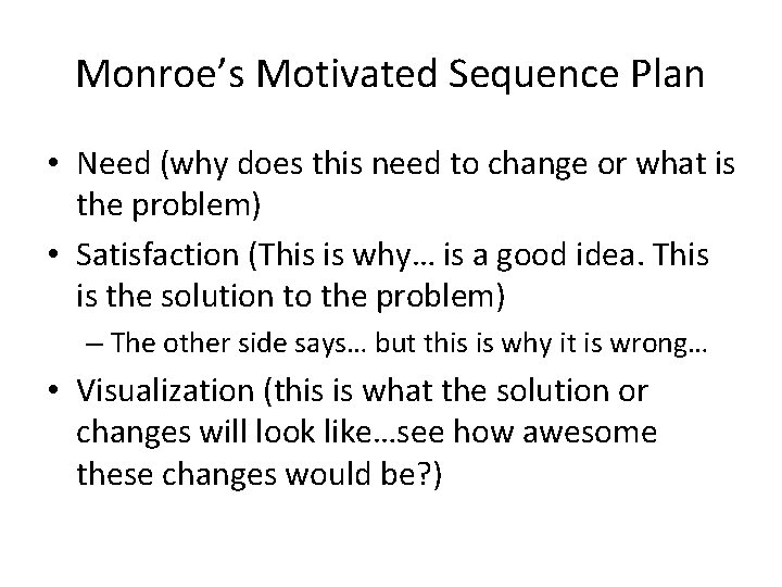 Monroe’s Motivated Sequence Plan • Need (why does this need to change or what