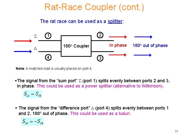 Rat-Race Coupler (cont. ) The rat race can be used as a splitter: 2