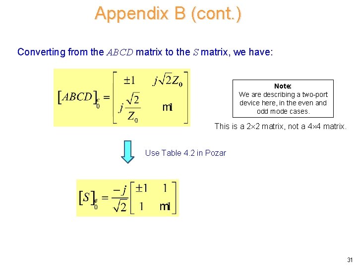 Appendix B (cont. ) Converting from the ABCD matrix to the S matrix, we