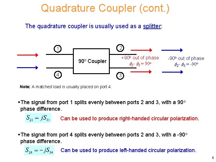 Quadrature Coupler (cont. ) The quadrature coupler is usually used as a splitter: 2