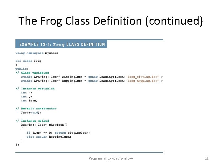 The Frog Class Definition (continued) Programming with Visual C++ 11 