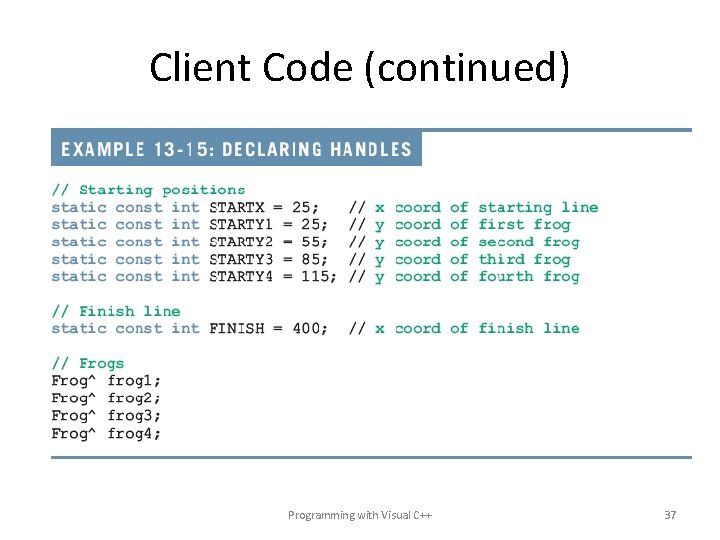 Client Code (continued) Programming with Visual C++ 37 