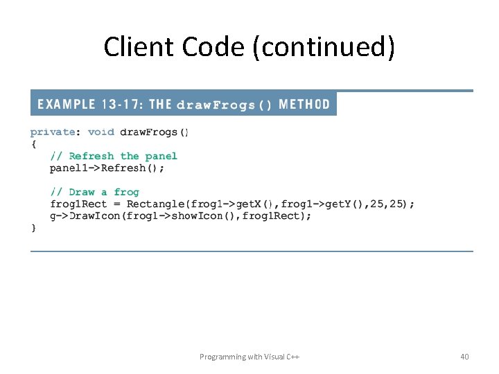 Client Code (continued) Programming with Visual C++ 40 