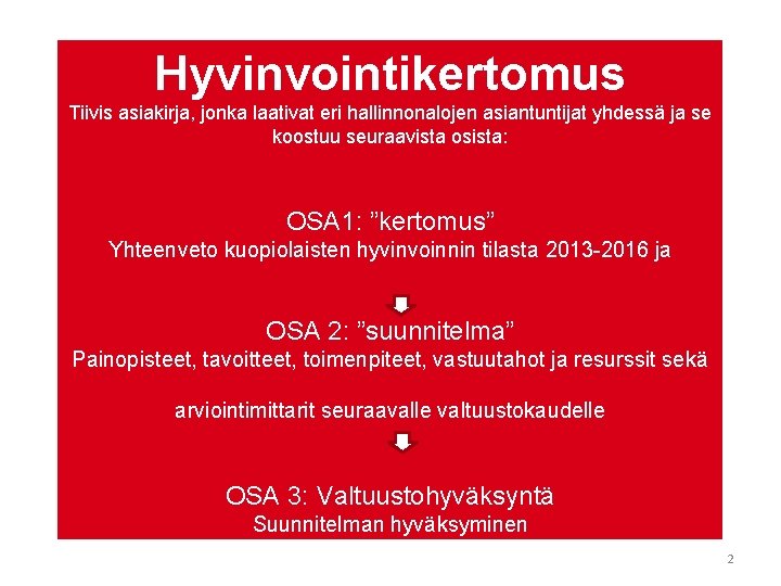 Hyvinvointikertomus Tiivis asiakirja, jonka laativat eri hallinnonalojen asiantuntijat yhdessä ja se koostuu seuraavista osista: