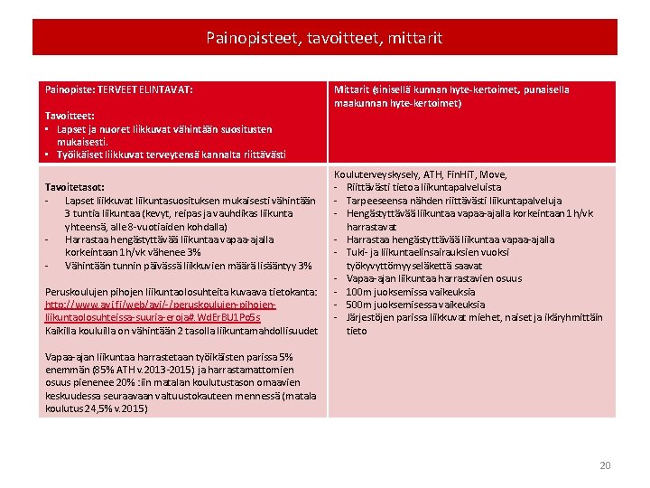 Painopisteet, tavoitteet, mittarit Painopiste: TERVEET ELINTAVAT: Tavoitteet: • Lapset ja nuoret liikkuvat vähintään suositusten