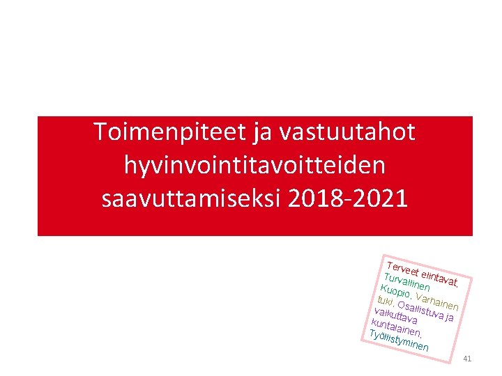 Toimenpiteet ja vastuutahot hyvinvointitavoitteiden saavuttamiseksi 2018 -2021 Terv ee Turv t elintav at, al