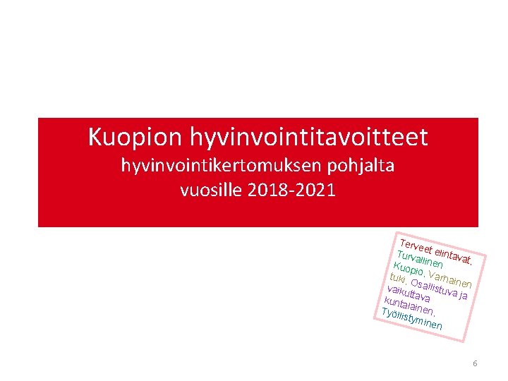 Kuopion hyvinvointitavoitteet hyvinvointikertomuksen pohjalta vuosille 2018 -2021 Terv ee Turv t elintav at, al