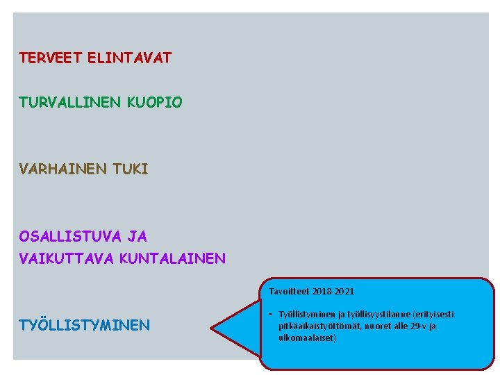 TERVEET ELINTAVAT TURVALLINEN KUOPIO VARHAINEN TUKI OSALLISTUVA JA VAIKUTTAVA KUNTALAINEN Tavoitteet 2018 -2021 TYÖLLISTYMINEN