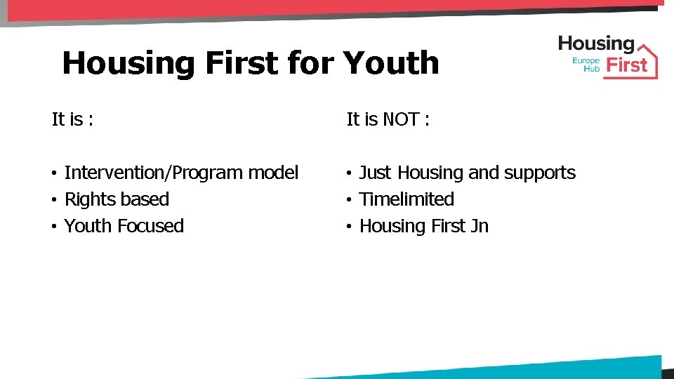 Housing First for Youth It is : It is NOT : • Intervention/Program model