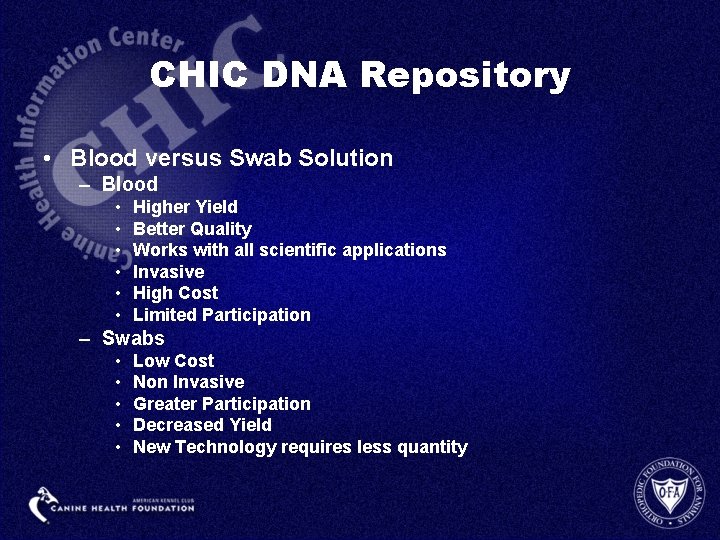 CHIC DNA Repository • Blood versus Swab Solution – Blood • • • Higher