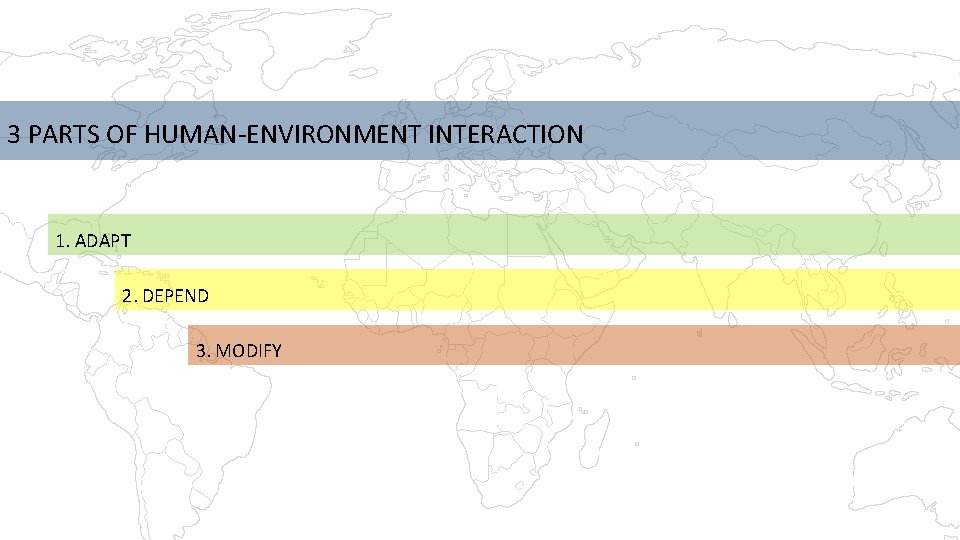 3 PARTS OF HUMAN-ENVIRONMENT INTERACTION 1. ADAPT 2. DEPEND 3. MODIFY 