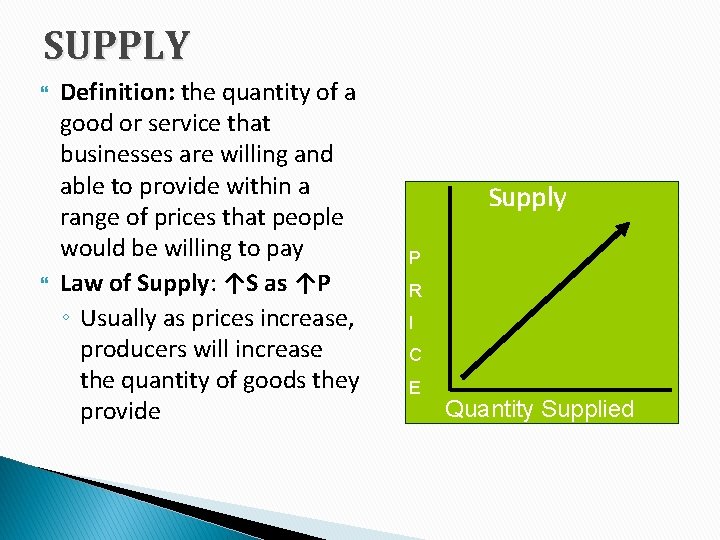 SUPPLY Definition: the quantity of a good or service that businesses are willing and