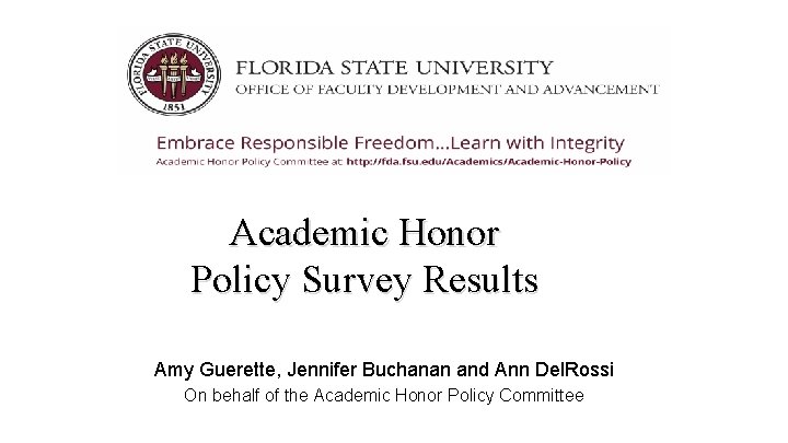 Academic Honor Policy Survey Results Amy Guerette, Jennifer Buchanan and Ann Del. Rossi On