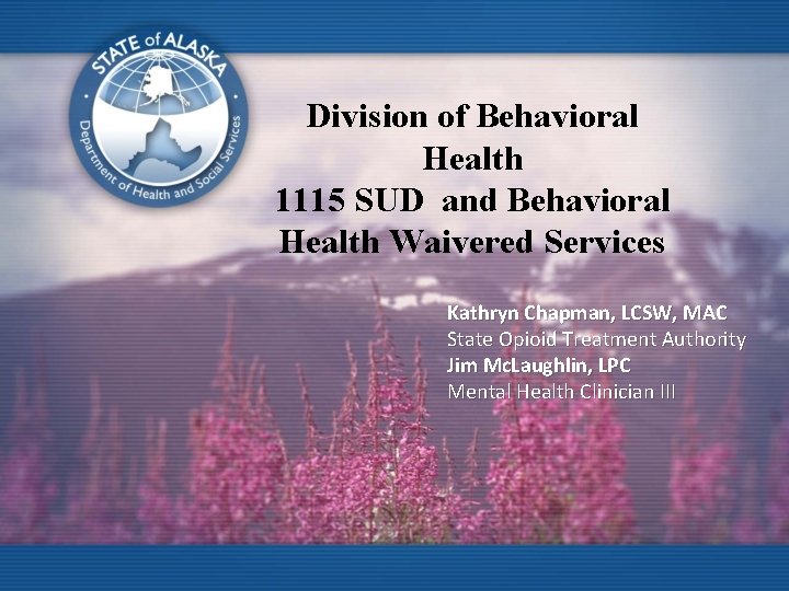 Division of Behavioral Health 1115 SUD and Behavioral Health Waivered Services Kathryn Chapman, LCSW,