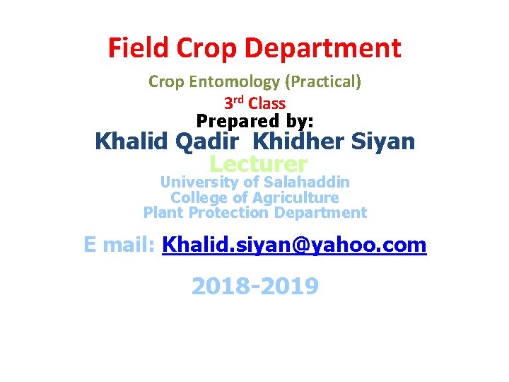 Field Crop Department Crop Entomology (Practical) 3 rd Class Prepared by: Khalid Qadir Khidher