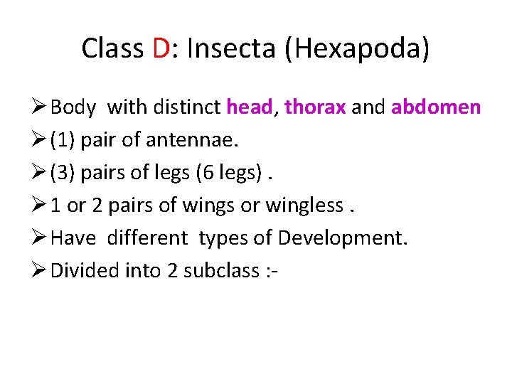 Class D: Insecta (Hexapoda) Ø Body with distinct head, thorax and abdomen Ø (1)