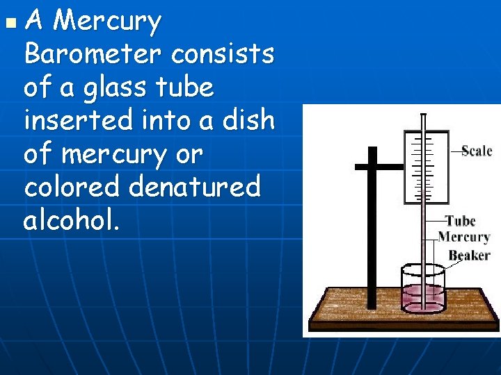 n A Mercury Barometer consists of a glass tube inserted into a dish of