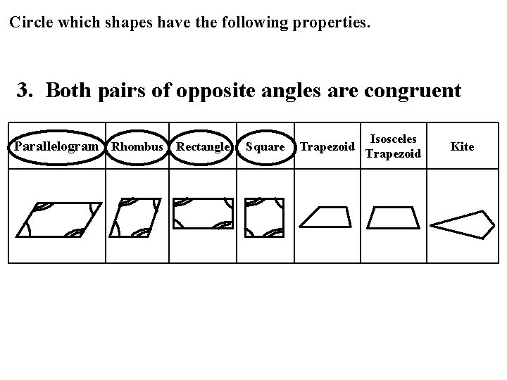 Circle which shapes have the following properties. 3. Both pairs of opposite angles are