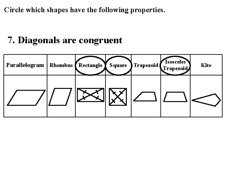 Circle which shapes have the following properties. 7. Diagonals are congruent Parallelogram Rhombus Rectangle