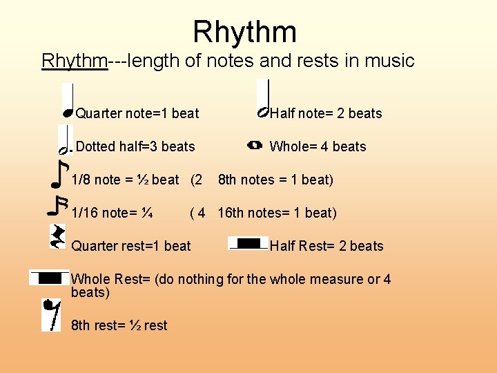 Rhythm---length of notes and rests in music Quarter note=1 beat Half note= 2 beats
