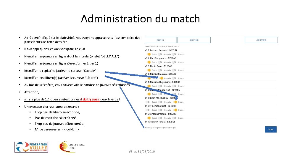 Administration du match • Après avoir cliqué sur le club visité, nous voyons apparaitre