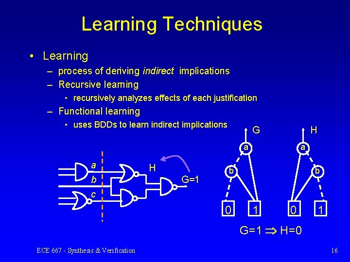 Learning Techniques • Learning – process of deriving indirect implications – Recursive learning •