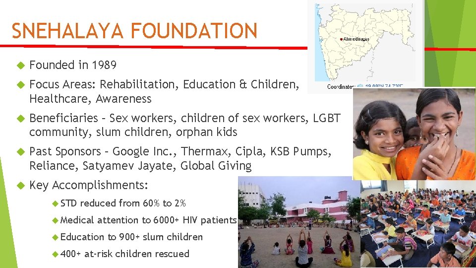 SNEHALAYA FOUNDATION Founded in 1989 Focus Areas: Rehabilitation, Education & Children, Healthcare, Awareness Beneficiaries