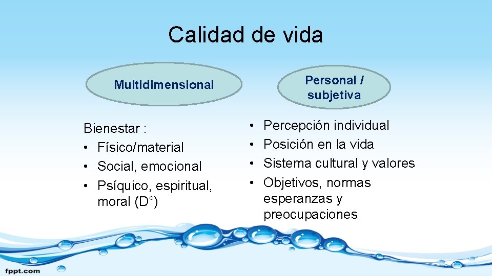 Calidad de vida Personal / subjetiva Multidimensional Bienestar : • Físico/material • Social, emocional