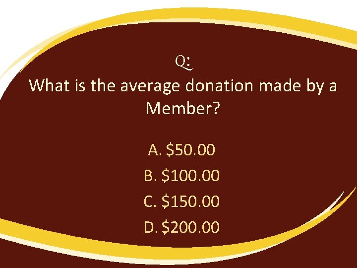 Q: What is the average donation made by a Member? A. $50. 00 B.