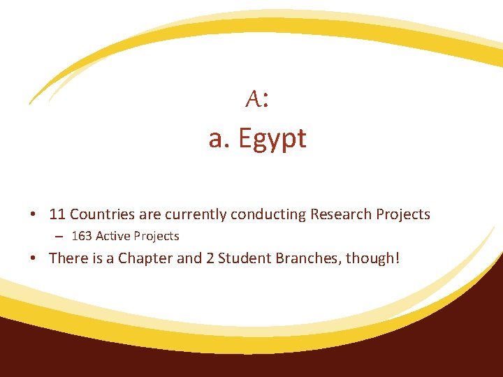 A: a. Egypt • 11 Countries are currently conducting Research Projects – 163 Active