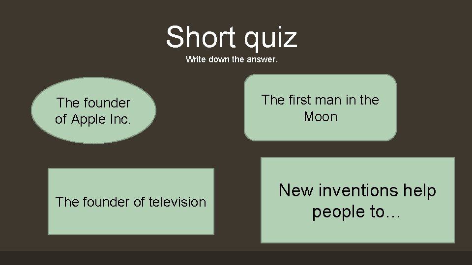 Short quiz Write down the answer. The founder of Apple Inc. The founder of