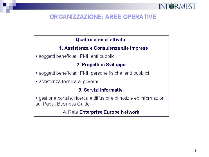 ORGANIZZAZIONE: AREE OPERATIVE Quattro aree di attività: 1. Assistenza e Consulenza alle imprese •