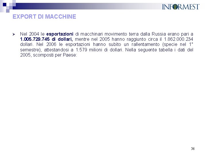 EXPORT DI MACCHINE Ø Nel 2004 le esportazioni di macchinari movimento terra dalla Russia