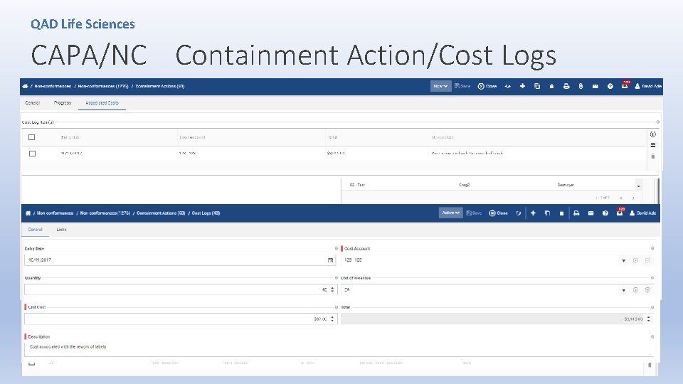 QAD Life Sciences CAPA/NC Containment Action/Cost Logs 