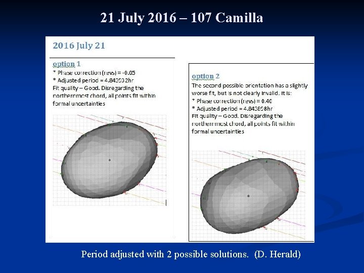 21 July 2016 – 107 Camilla Period adjusted with 2 possible solutions. (D. Herald)