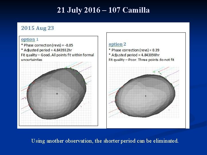 21 July 2016 – 107 Camilla Using another observation, the shorter period can be