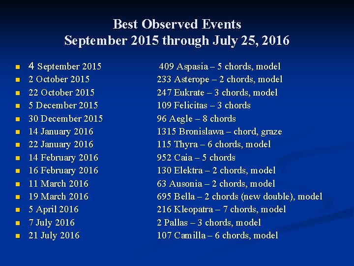 Best Observed Events September 2015 through July 25, 2016 n n n n 4