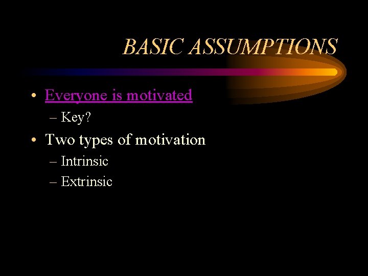 BASIC ASSUMPTIONS • Everyone is motivated – Key? • Two types of motivation –