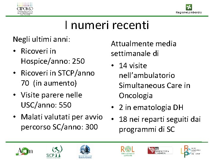 I numeri recenti Negli ultimi anni: • Ricoveri in Hospice/anno: 250 • Ricoveri in