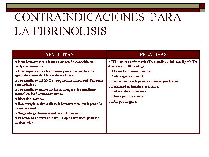 CONTRAINDICACIONES PARA LA FIBRINOLISIS ABSOLUTAS Ictus hemorrágico o ictus de origen desconocido en cualquier