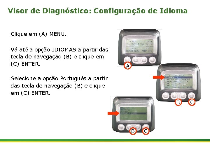 Visor de Diagnóstico: Configuração de Idioma Clique em (A) MENU. Vá até a opção