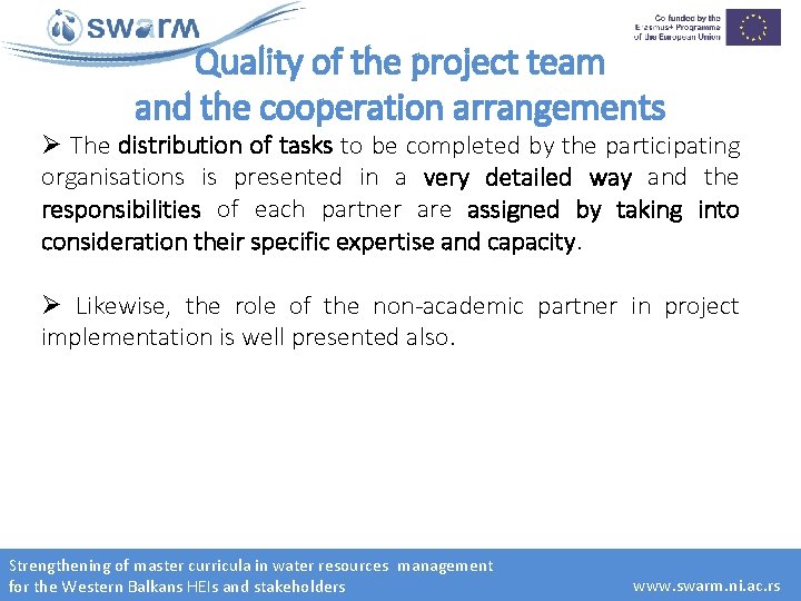 Quality of the project team and the cooperation arrangements Ø The distribution of tasks