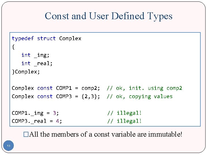 Const and User Defined Types typedef struct Complex { int _img; int _real; }Complex;