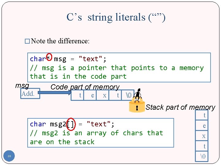 C’s string literals (“”) � Note the difference: char* msg = "text"; // msg