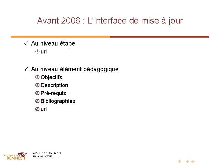 Avant 2006 : L’interface de mise à jour ü Au niveau étape ¾ url