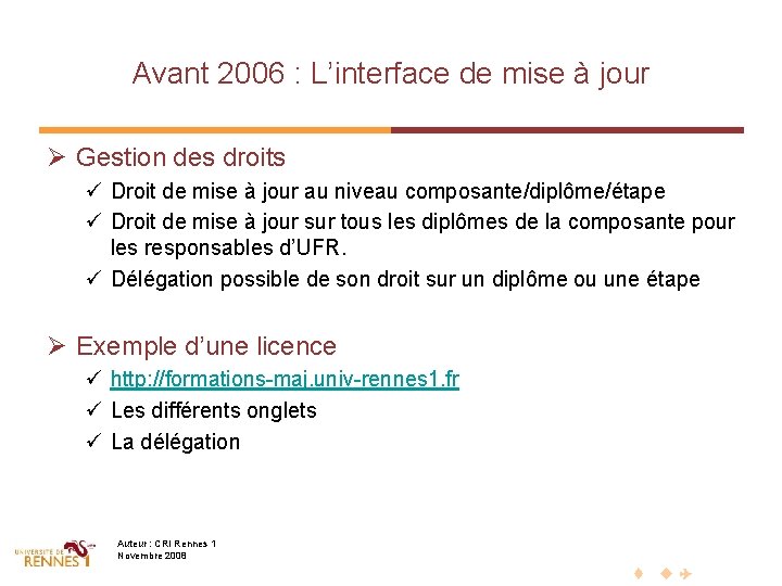 Avant 2006 : L’interface de mise à jour Ø Gestion des droits ü Droit